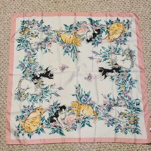 Vintage AVON Floral Cat Print Scarf Pink Border Kittens Playful Animal Pet